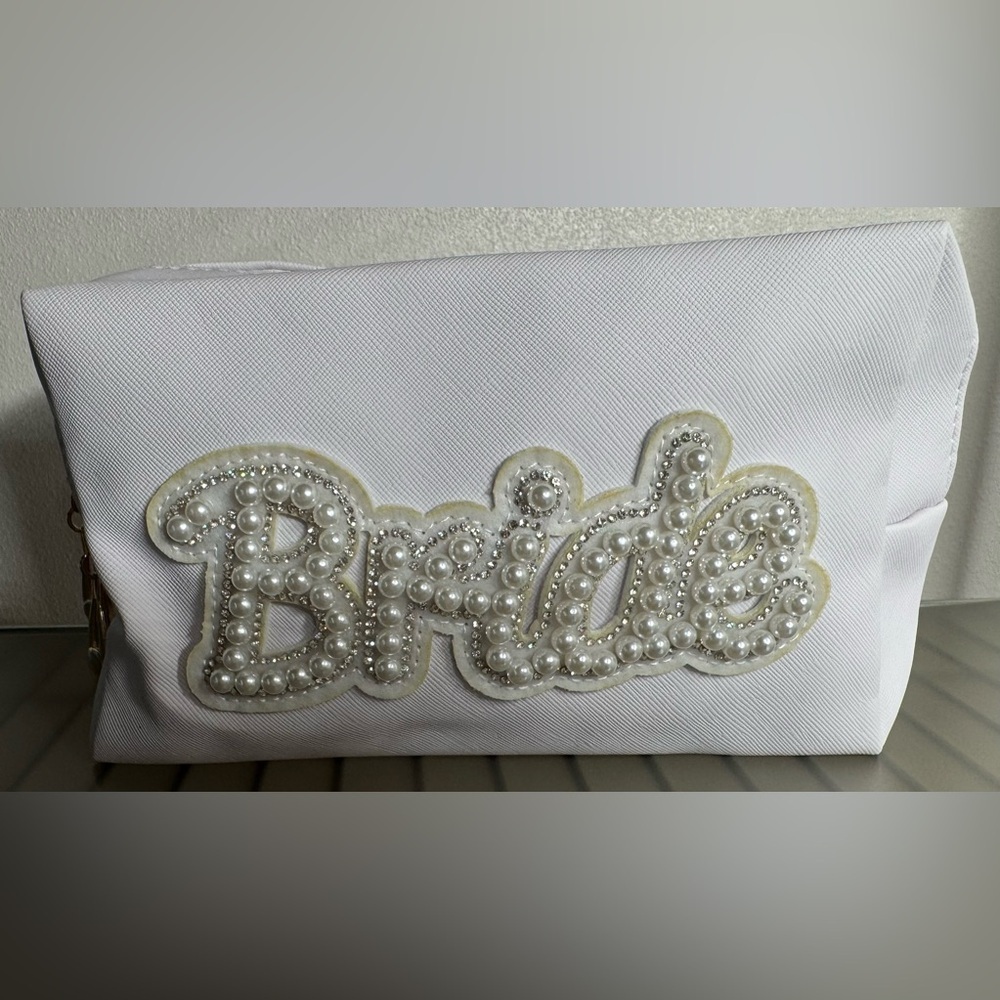 Elegant White Pearl and Crystal bride cosmetic bag gold accent